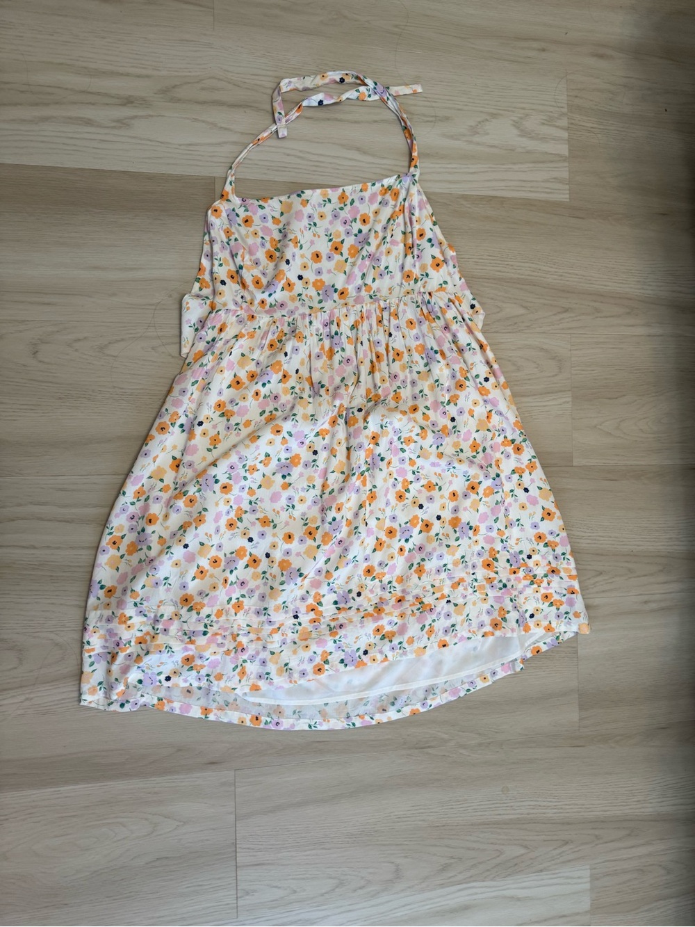 Women’s White Floral Halter Dress with Orange Accents
